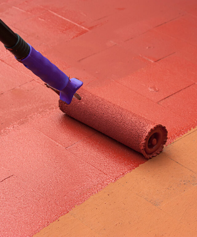 Contract,Painter,Painting,A,Floor,On,Color,Red,For,Waterproofing.